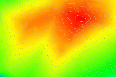 Farbiges digitales Geländemodell mit Höhenlinien für die Planung eines Windparks