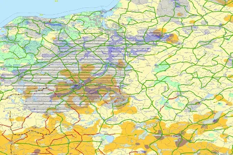 Workstation with a geographic information system and several map layers on the screen