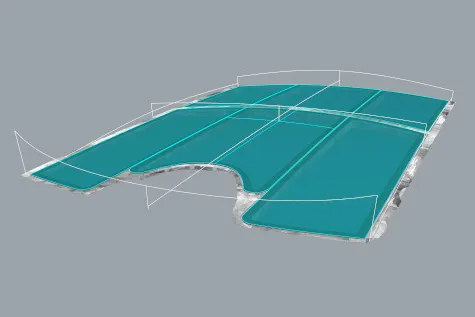 3D model of curved ship glazing made of several single panes with the joints between them